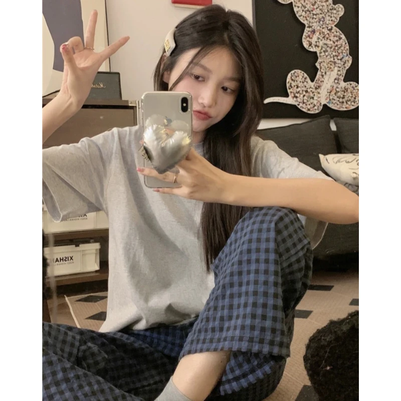 睡衣女夏季新款纯棉短袖长裤韩版可外穿家居服套装（灰蓝格子裤）