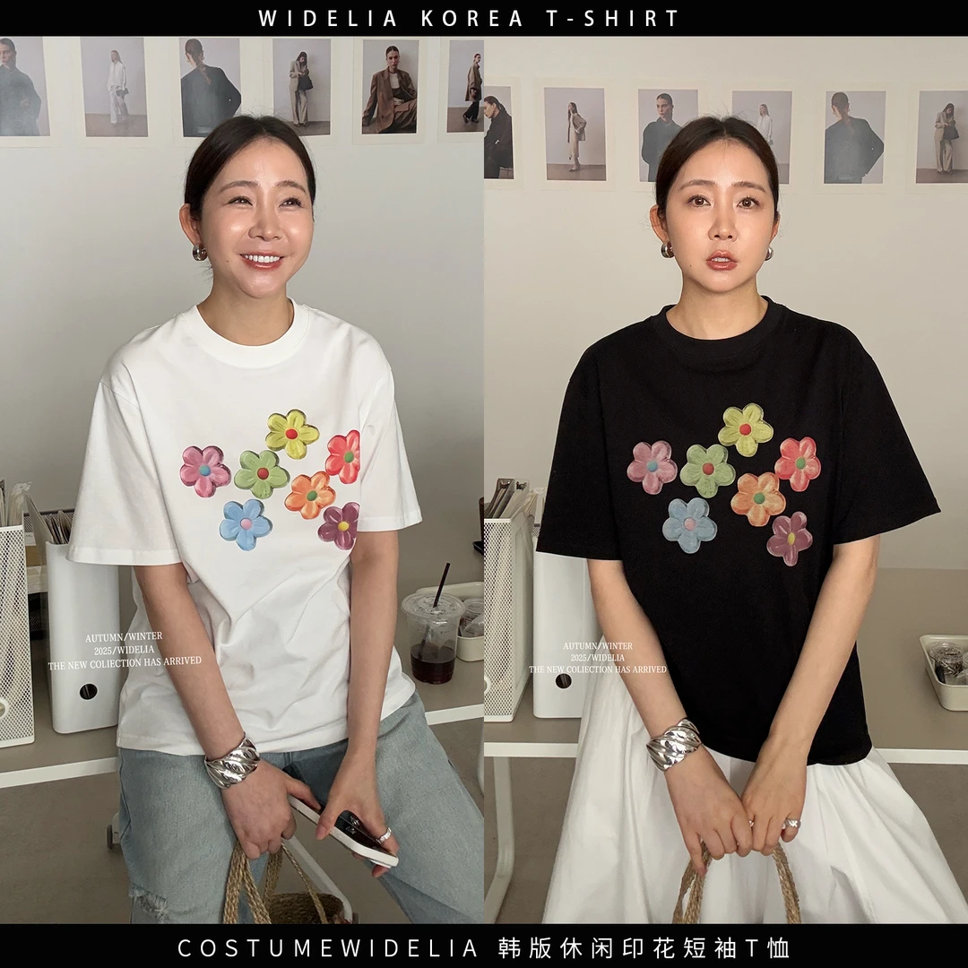 widelia春季7179韩版时尚设计感花朵印花休闲宽松圆领短袖T恤