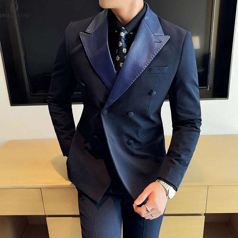 DIIIVERGOM美式塔士多青果领缎面拼接戗驳领双排扣西服男套装新郎