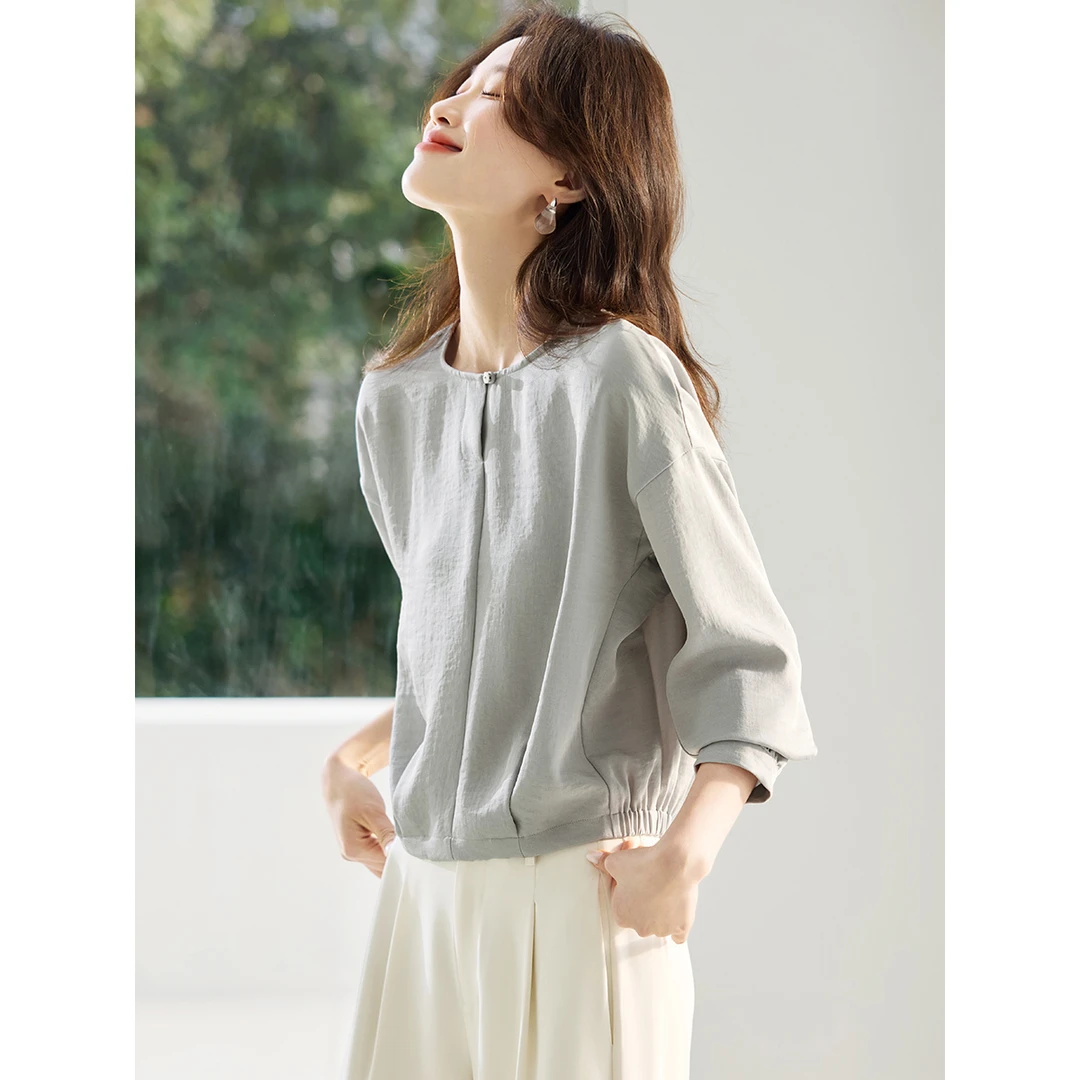 沫晗依美轻熟风OL衬衫2025秋季新款气质通勤百搭九分袖灰蓝色衬衫