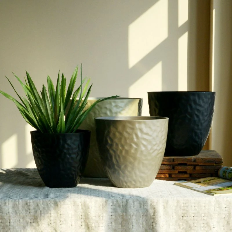 简约创意塑料花盆出口轻奢锤纹珠光白色家用客厅绿植盆栽虎皮兰花