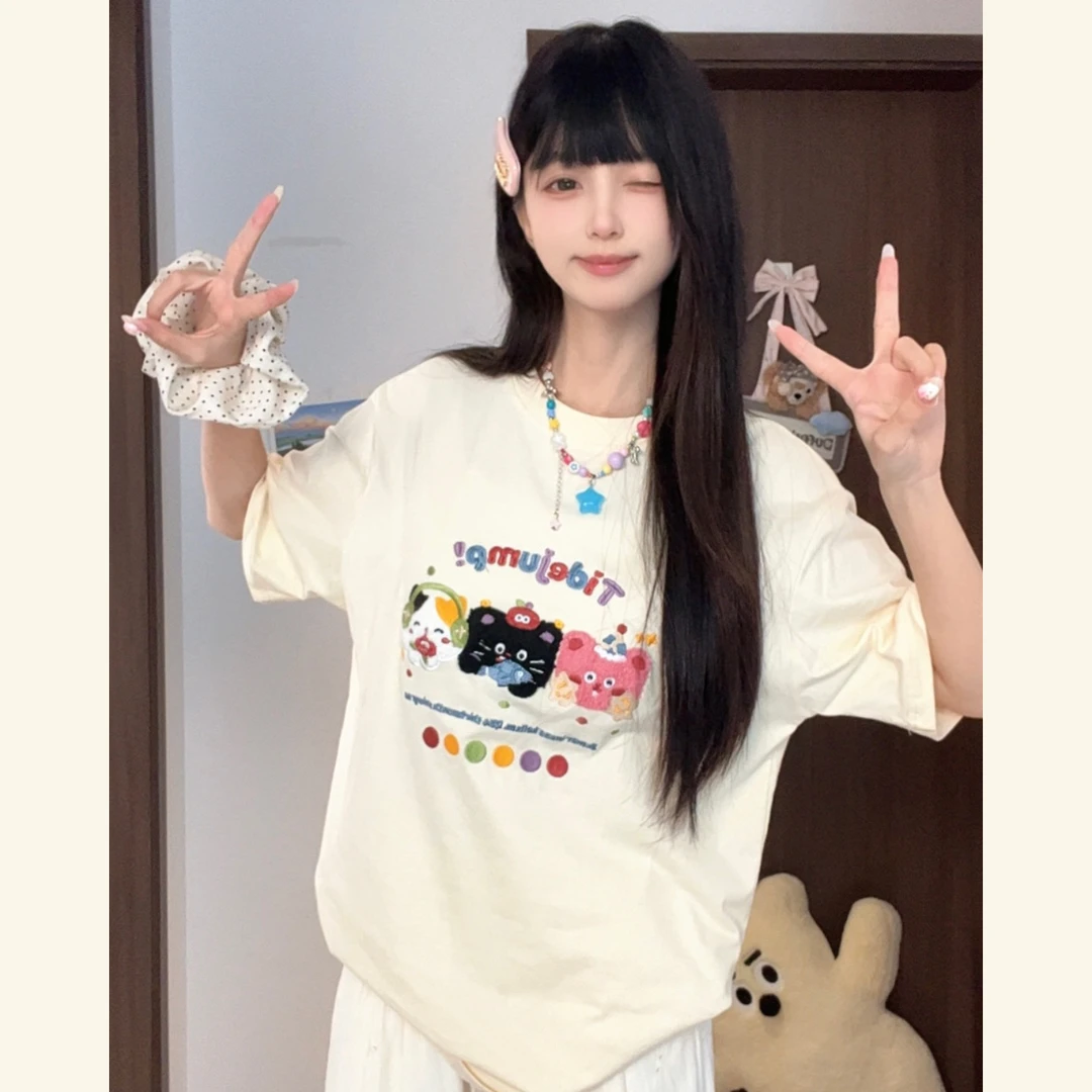 【现货+运费险】新款可爱卡通小猫咪刺绣纯棉短袖宽松时尚百搭圆领t