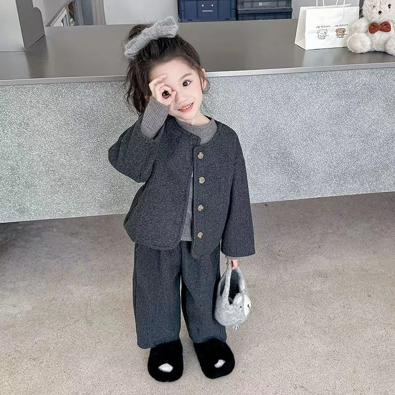女童秋装呢子套装2025新款儿童毛呢韩范时髦两件套宝宝春秋款衣服