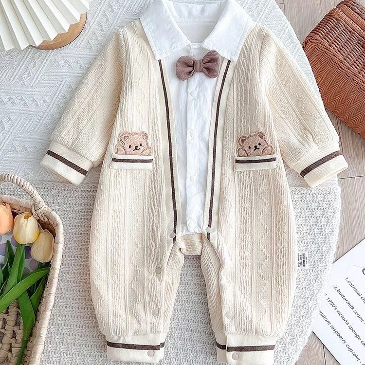 新款春秋款衣服可爱超萌绅士男宝宝连体衣双层外出服洋气秋装哈衣