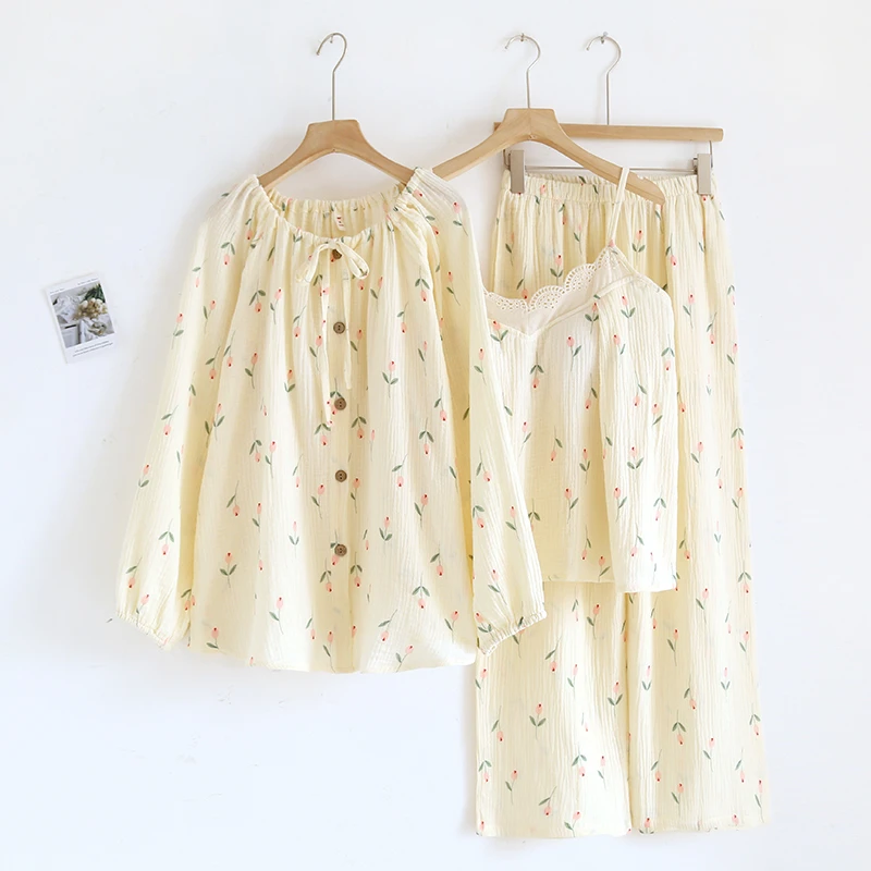 【A类100%全棉三件套】吊带睡衣宽松睡衣女春夏季薄款家居服套装