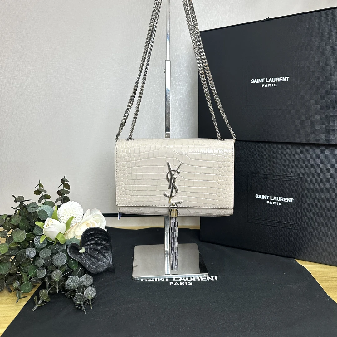 99新 YSL/圣罗兰 壹所YSL kate 鳄压纹 流苏 小号 裸粉色