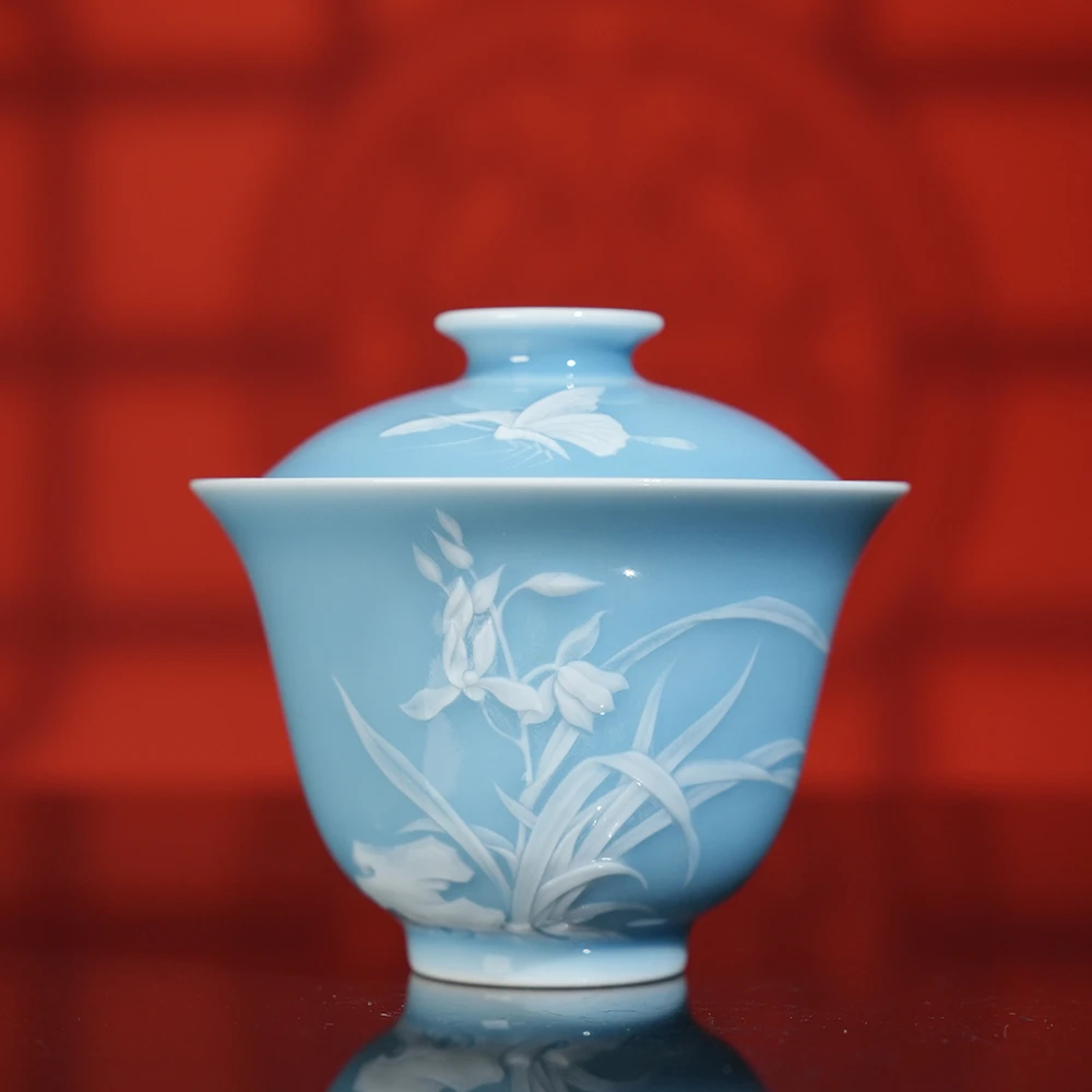 初蓝舍天青堆白兰花盖碗100ml  景德镇釉下彩全手工高档送礼茶器