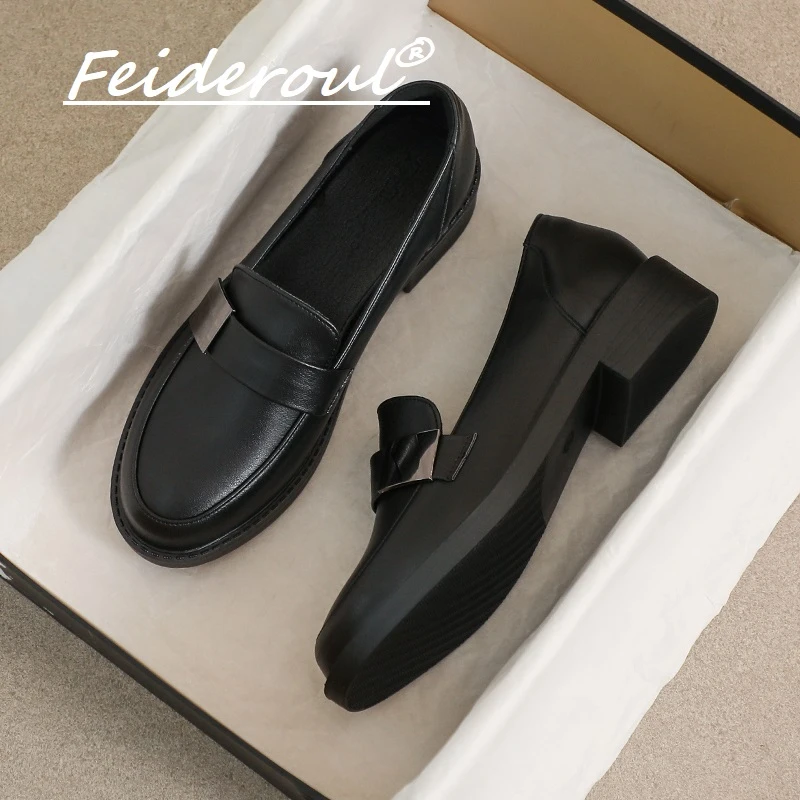 Feideroul小皮鞋女英伦风春秋小黑色软底职业乐福平底工作舒适鞋