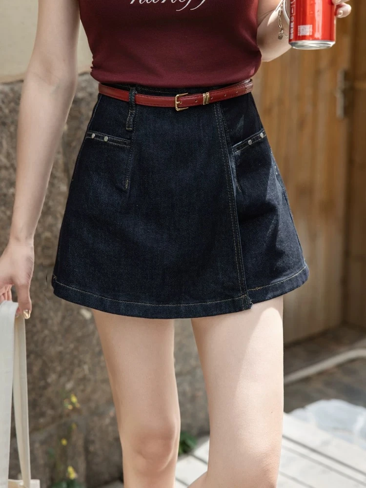 ZZ · Studio 6527 百搭深色牛仔女夏季配腰带高腰显瘦A字裙裤