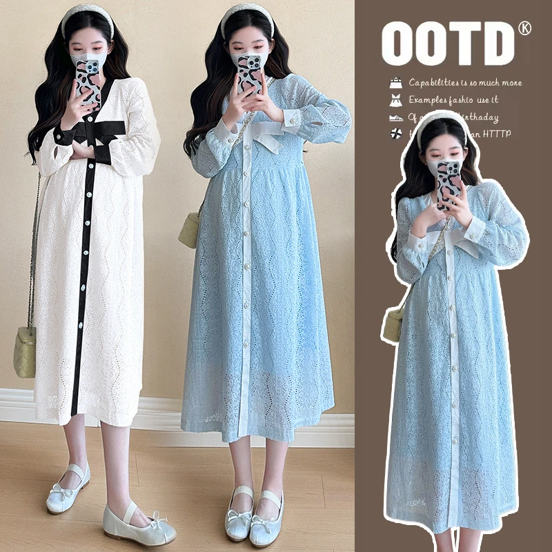 孕妇春装连衣裙2025新款时尚蝴蝶结蕾丝中长款连衣裙显瘦外穿长裙