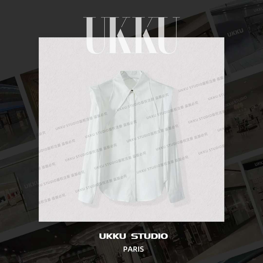 尧尧【UKKUSTUDIO】高级感气质收腰尖领衬衫女设计感小众衬衫210445