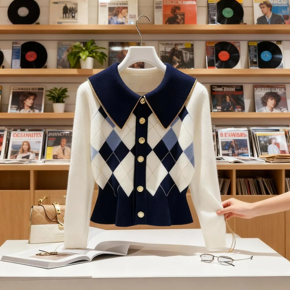 2025年韩系秋冬季新款费尔岛时髦气质针织衫翻领减龄显瘦洋气小衫