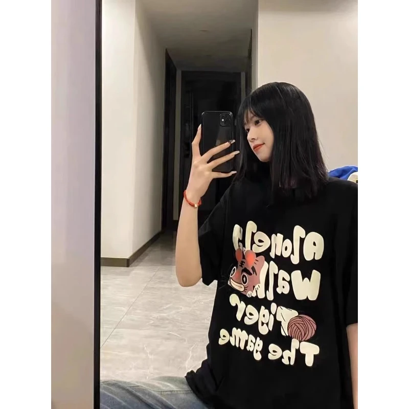 100%纯棉短袖t恤女ins国潮牌2025年春夏新款oversize百搭半袖上衣