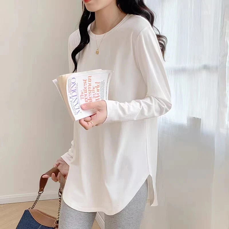 2025女装新款  春秋长袖白色时尚百搭宽松中长款圆领
