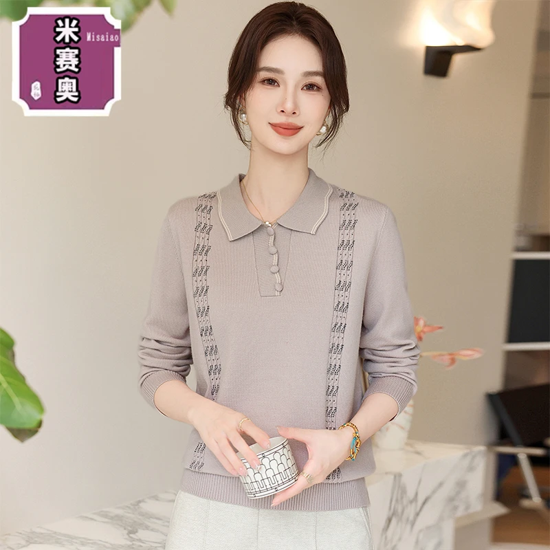 妈妈秋装翻领小衫时尚针织上衣洋气长袖毛衣中老年女装宽松打底衫