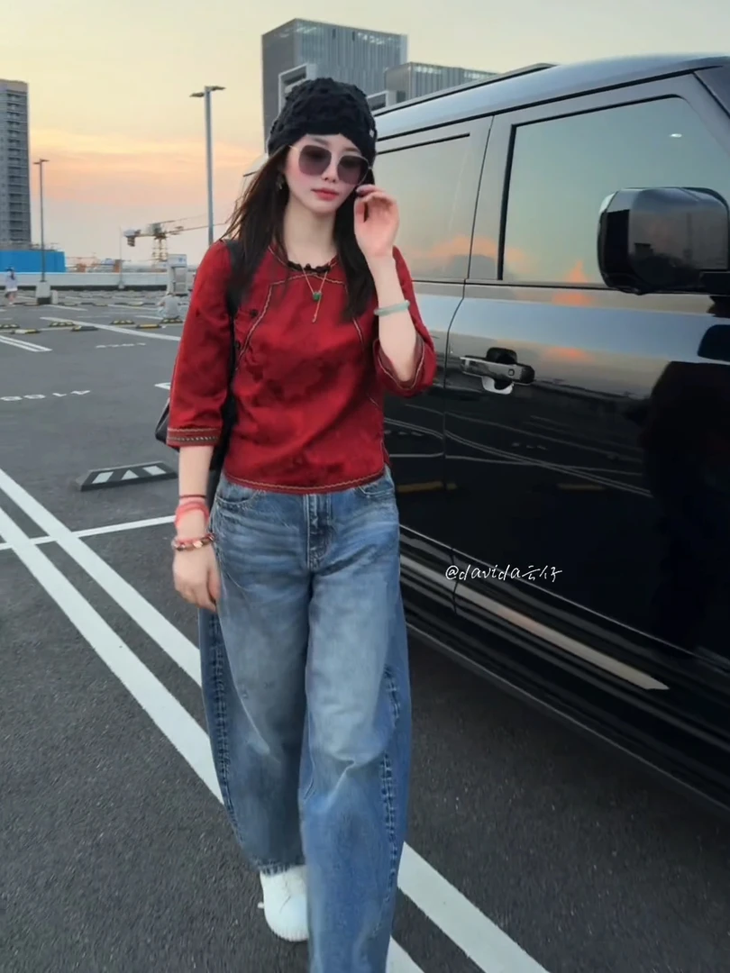 新中式复古红色圆领盘扣七分袖2025年秋季新款国风小众轻奢上衣女