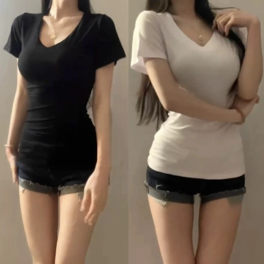 【运补6米】黑色V领收腰正肩短袖t恤女夏修身显瘦辣妹美式高腰上衣
