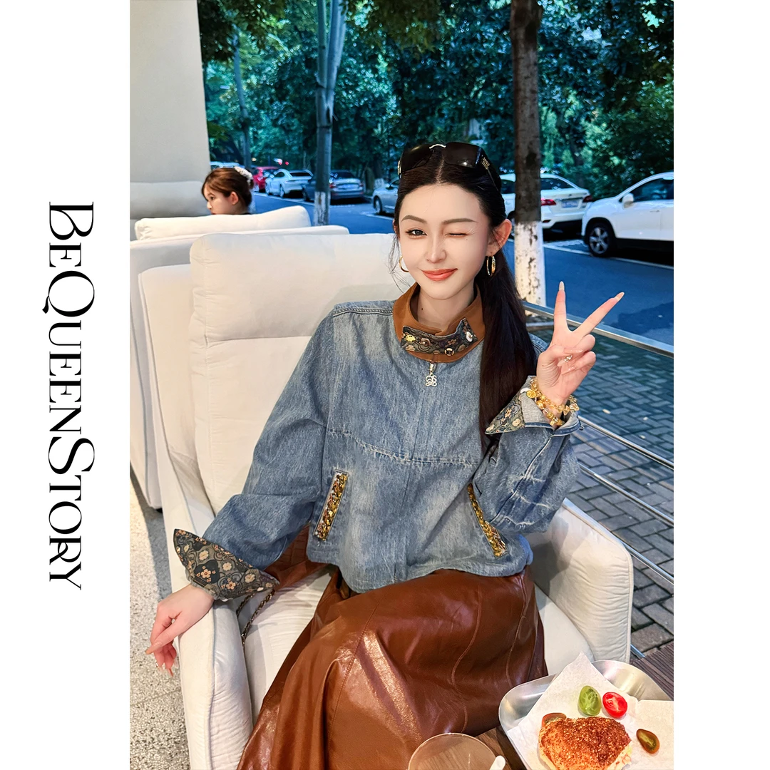 余潇潇【金奢启示录】撞色pu皮立领人丝印花领袢抽绳下摆牛仔外套