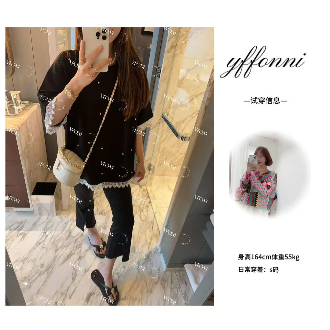 【YFONI】蕾丝钉珠中长款上衣