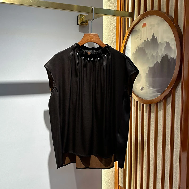 唐一【100%桑蚕丝】重锻香云纱国风新中式立体装饰短袖黑色上衣女