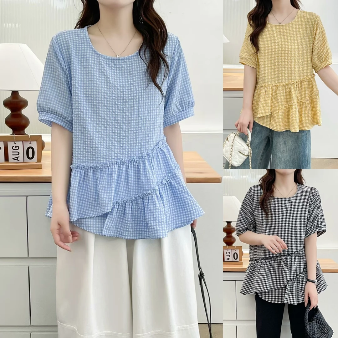 时尚小格子娃娃衫气质夏季衬衫大板型大码女装短袖圆领T恤衫小衫