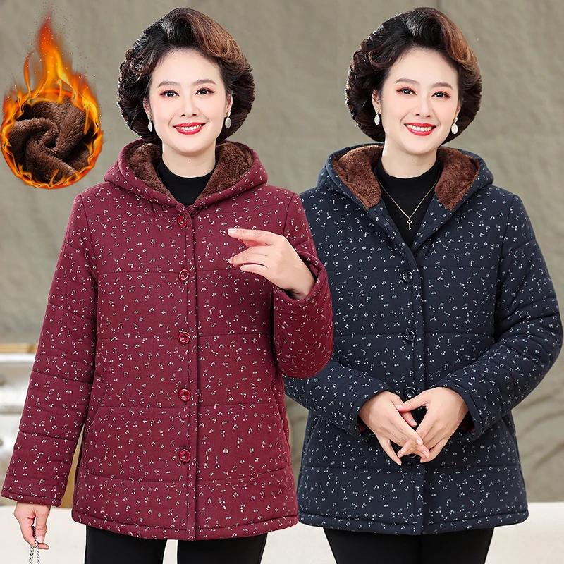 气质女装连帽保暖厚棉衣纽扣中老年女装口袋棉服加绒加厚妈妈装