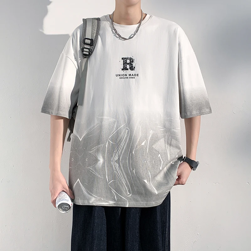 新款夏季男潮流宽松服学生短袖T恤上衣印花五分袖圆领半袖T恤