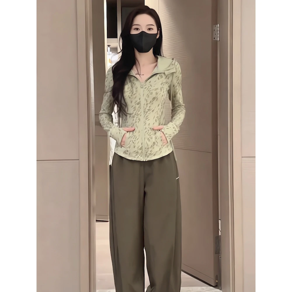 韩版休闲直筒简约风长裤一整套拉链开衫拼色长袖修身上衣两件套女