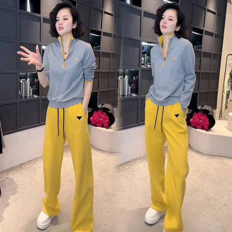 休闲运动服套装女2025春季新款洋气减龄时尚立领上衣阔腿裤两件套