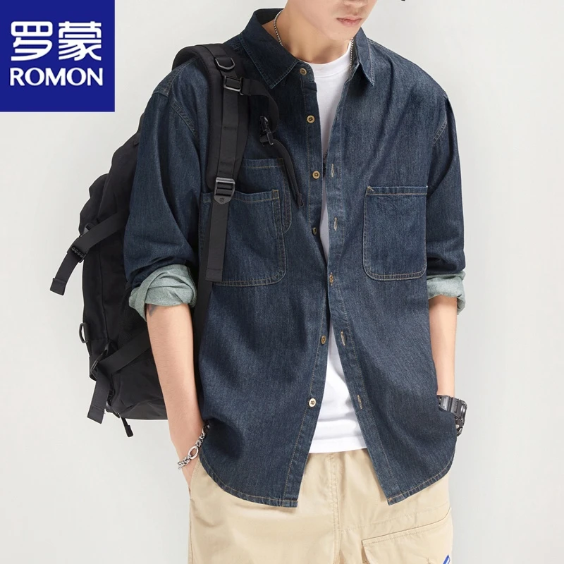 Romon/罗蒙2025春季男士新款纯色潮流百搭时尚简约牛仔长袖衬衫
