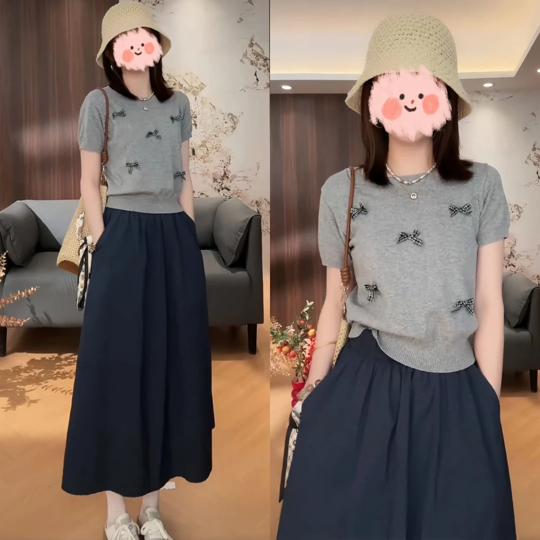 夏季洋气休闲套装2025绝美显瘦针织上衣百搭温柔藏蓝半身裙两件套