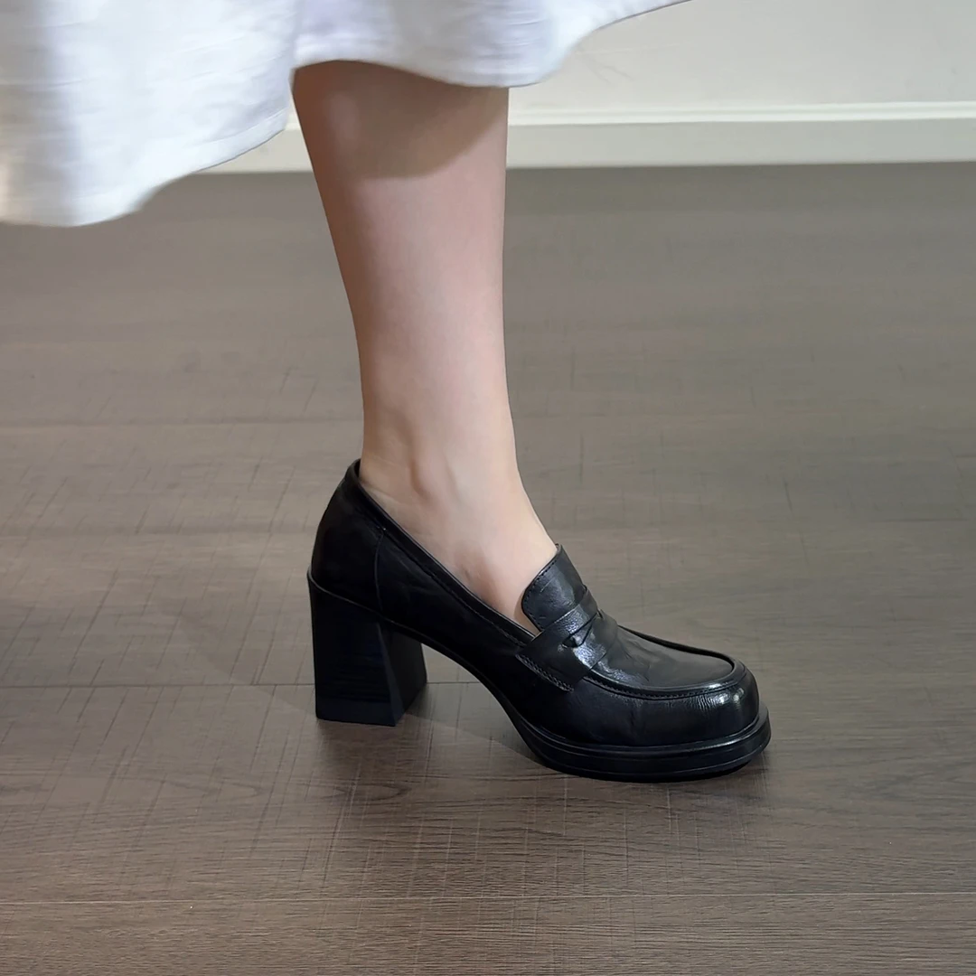 7cm/5cm/2683羊皮粗跟圆头一脚蹬真皮乐福鞋百搭深口单鞋高跟女鞋