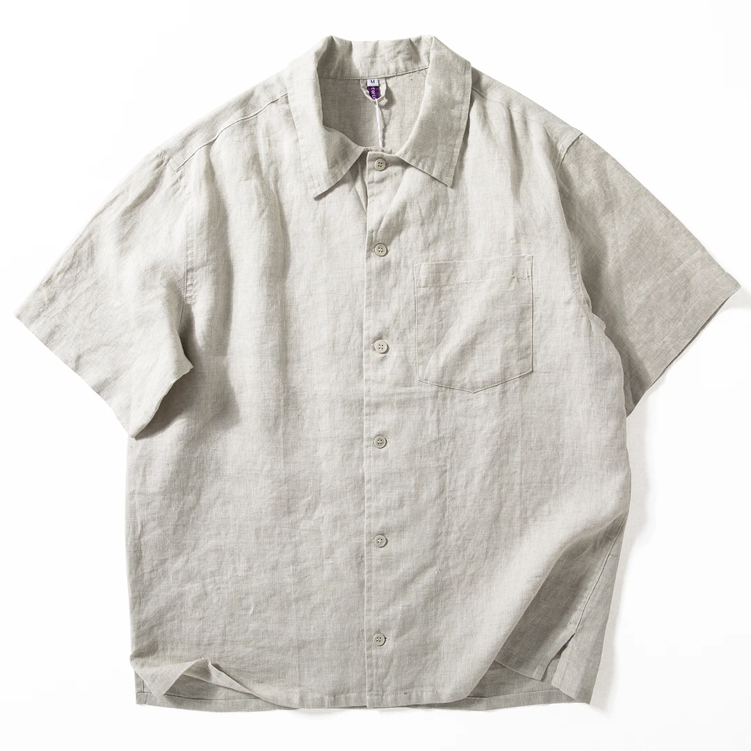 Enbi Simcotton全亚麻短袖衬衫男士夏轻薄上衣日系清爽休闲半袖衫