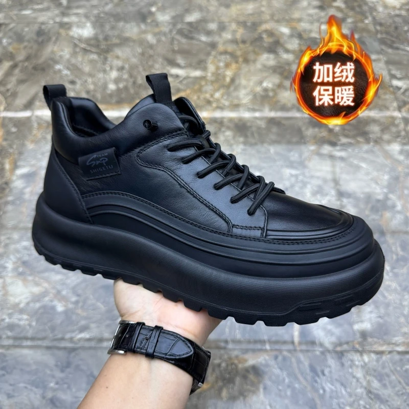 广州真皮男鞋2025冬季新款头层牛皮百搭厚底休闲鞋保暖舒适一脚蹬