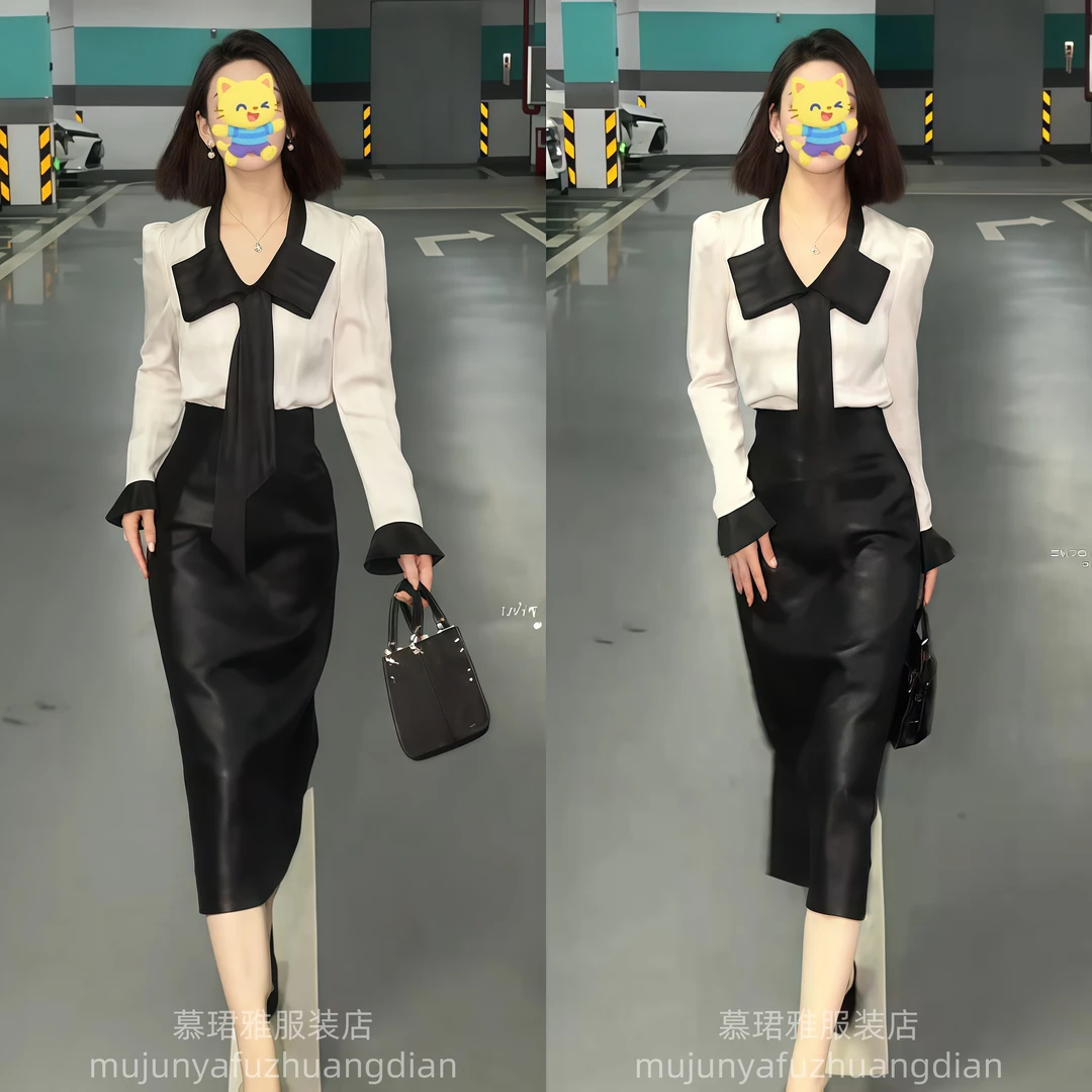 2025新款细闪撞色蝴蝶结领长袖显瘦拼接气质小香风女装上衣