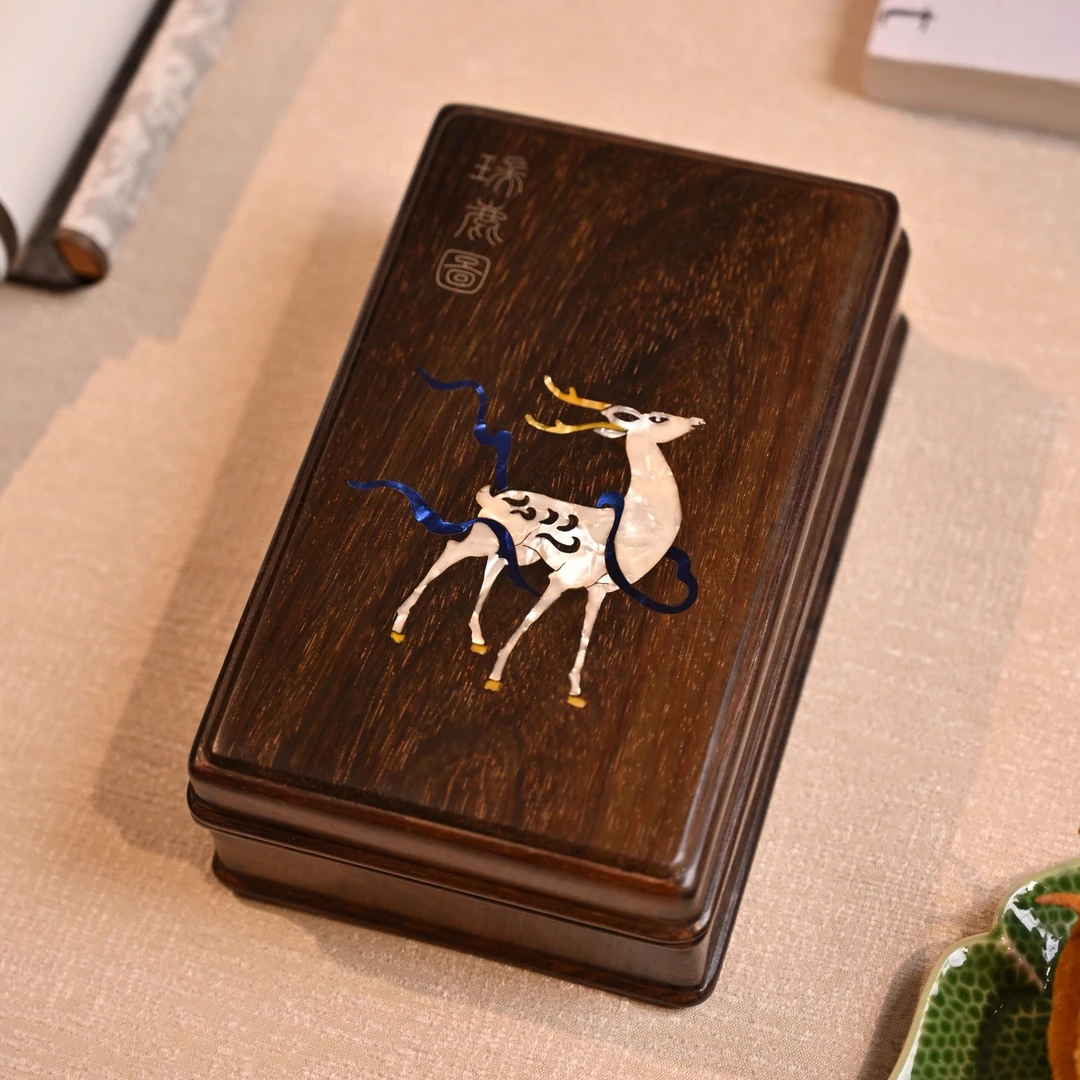 宁煊老挝大红酸枝实木红木首饰收纳盒饰品盒简约中式鹿图储物盒