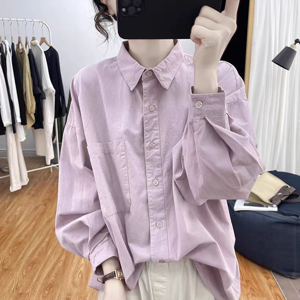 别致粉色衬衫女春秋新款法式高级感日系复古慵懒宽松长袖纯棉衬衣