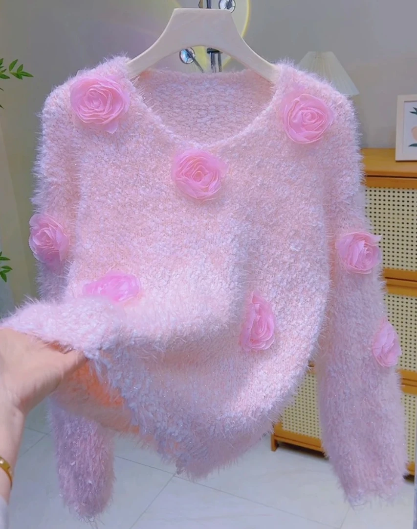 向-玫瑰花款破边甜美针织毛衣秋冬新款软糯亮丝温柔风宽松针织衫