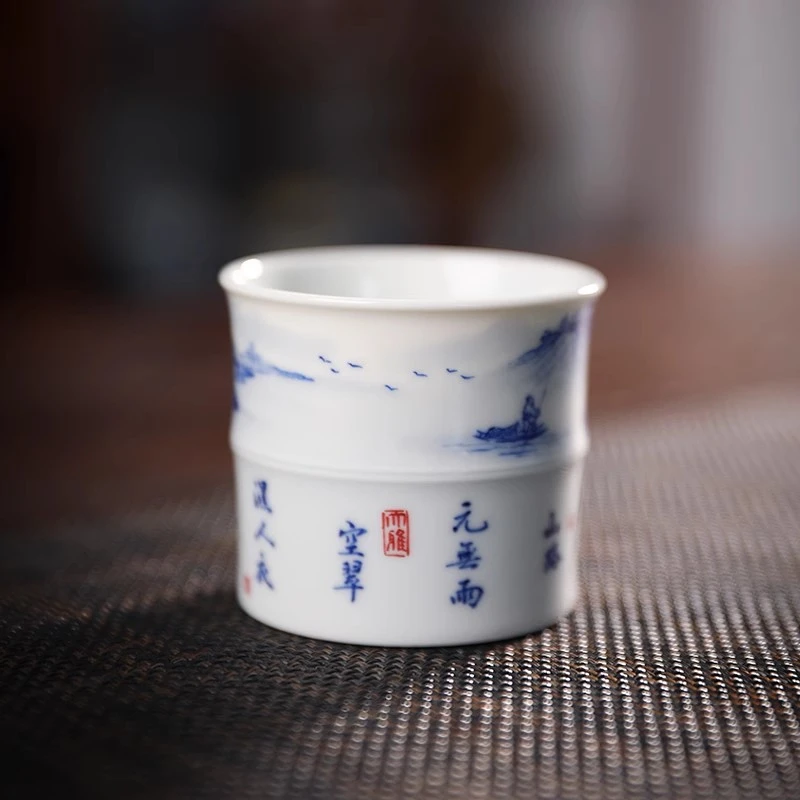 手绘青花山水竹节杯主人杯单杯景德镇陶瓷品茗杯功夫茶具