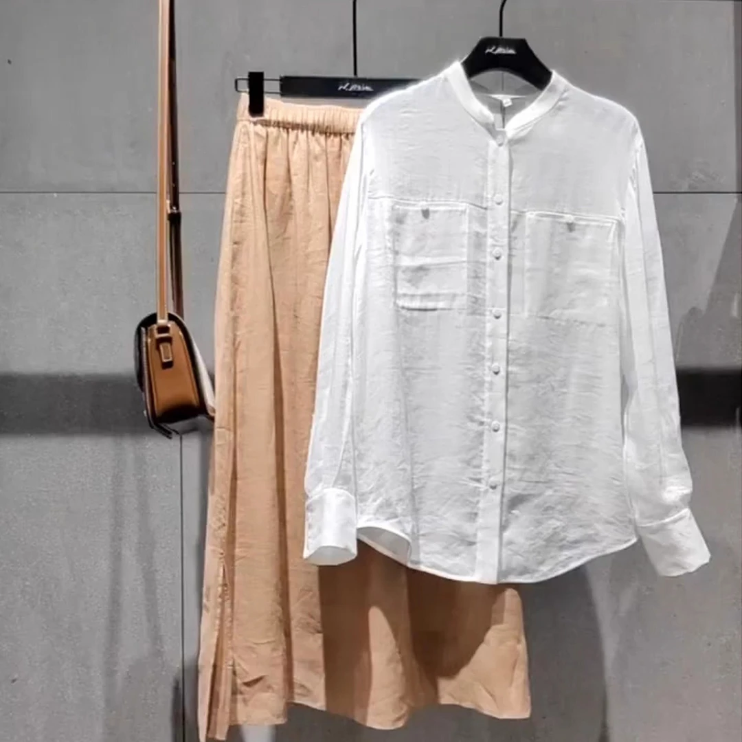 老钱风白色亚麻衬衫套装女2025夏慵懒感薄款微透上衣休闲裤一整套