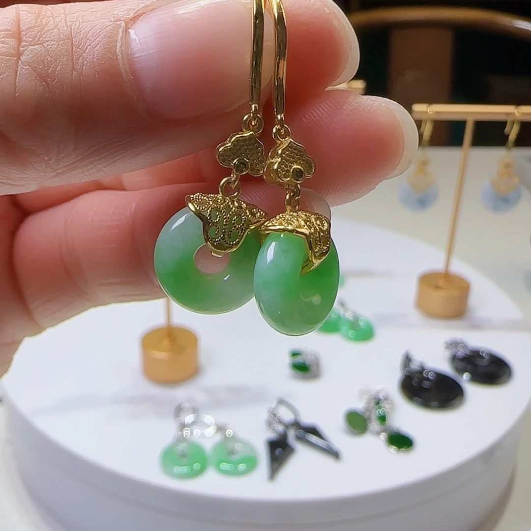 翡翠耳饰银S925镶嵌s***y天然缅甸a货翡翠