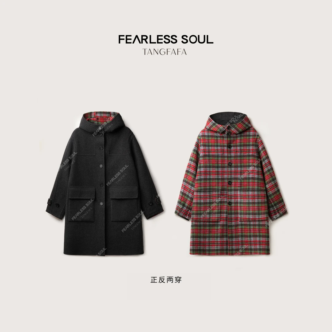 唐发发TFF经典感“两面穿”复古格纹排扣外套羊毛大衣女 825FI684 *