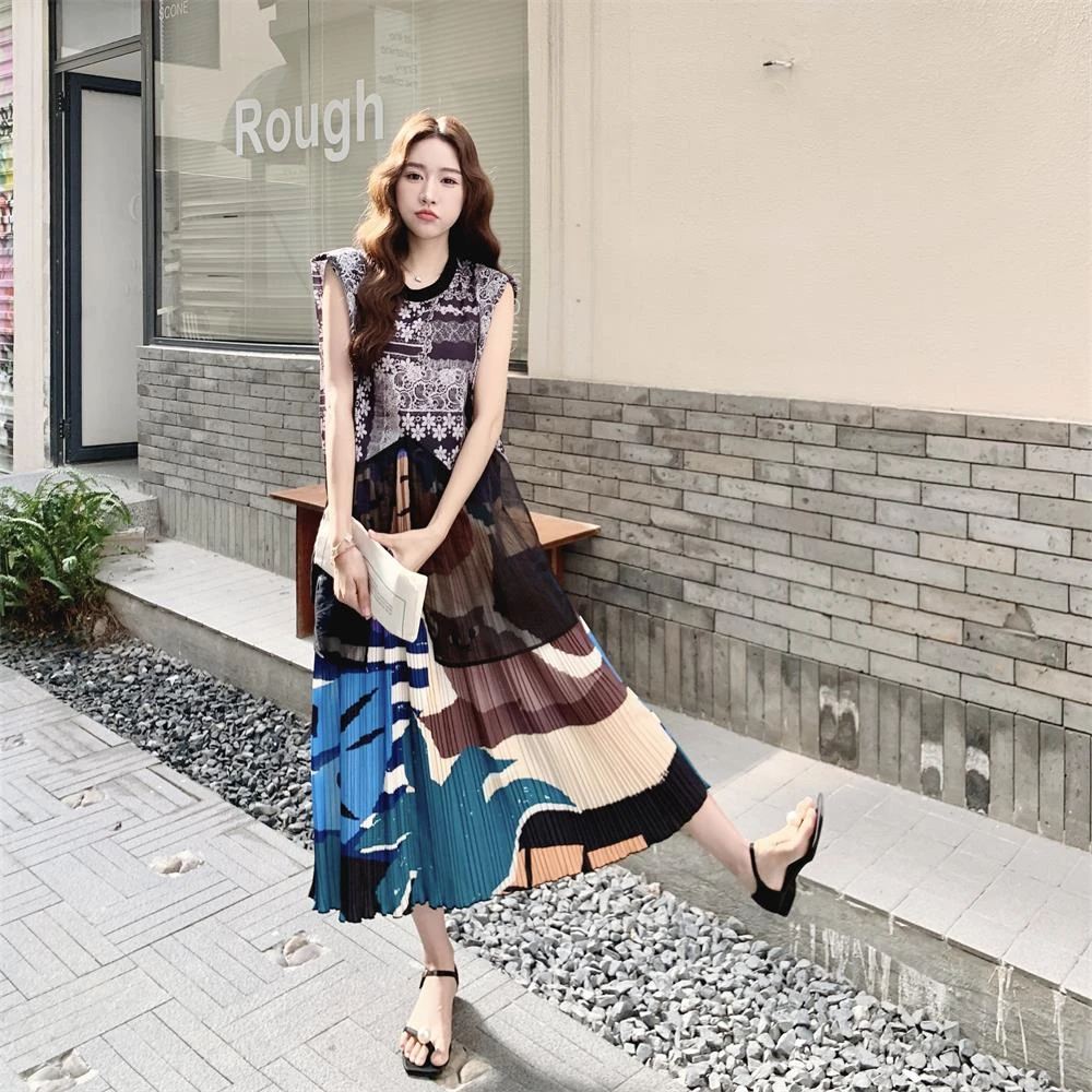 气质网纱拼接印花背心半身裙套装女2025夏季日系慵懒风百搭两件套