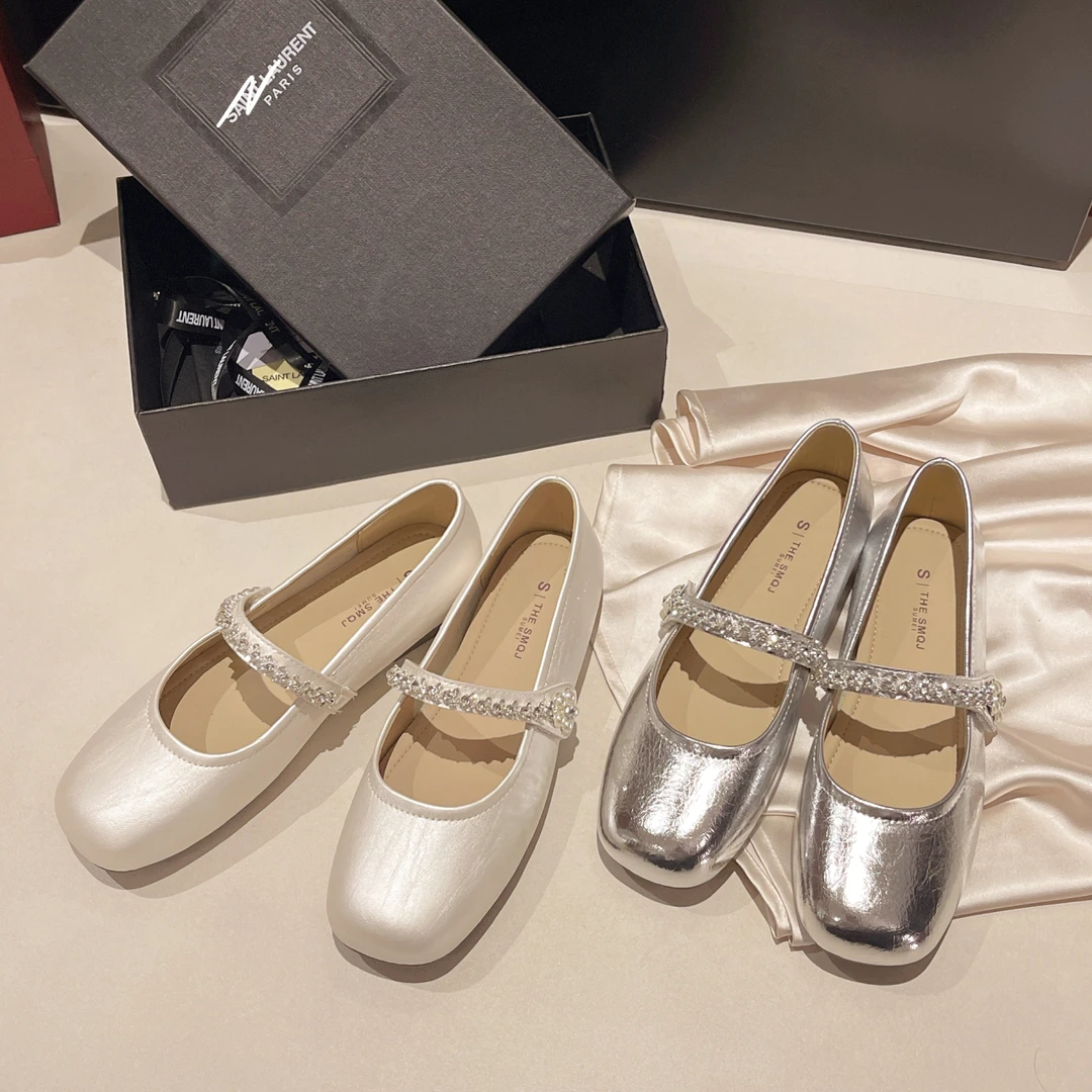 OJRZ水钻一字带玛丽珍女单鞋2025新款温柔仙女风配裙子平底豆豆鞋