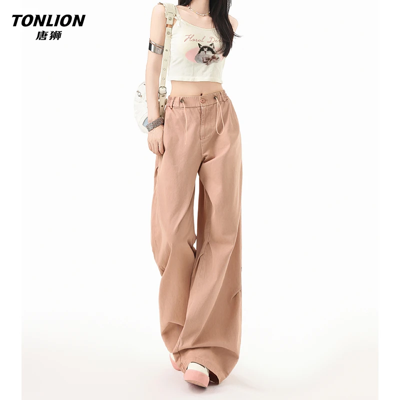 唐狮甜酷美式粉色高腰阔腿休闲裤女新款收褶设计感宽松工装伞兵裤