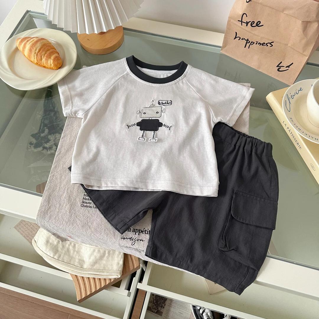 【机器人】XT255103橘止皮2025夏男小童机器人绣花短袖棉布短裤套装