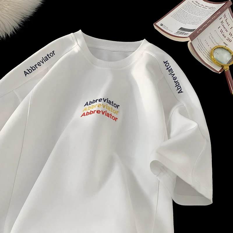 夏季新款学院风短袖t恤男生重磅320g美式潮牌百搭圆领五分袖上衣