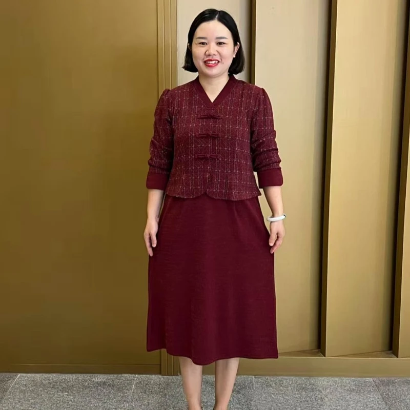 新中式盘口连衣裙洋气百搭遮肉显瘦假两件中长款裙子