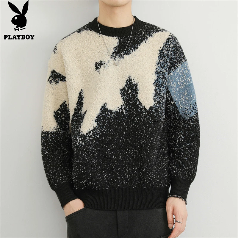 花花公子冬季新款拼色圆领毛衣韩版潮流设计感保暖宽松打底针织衫