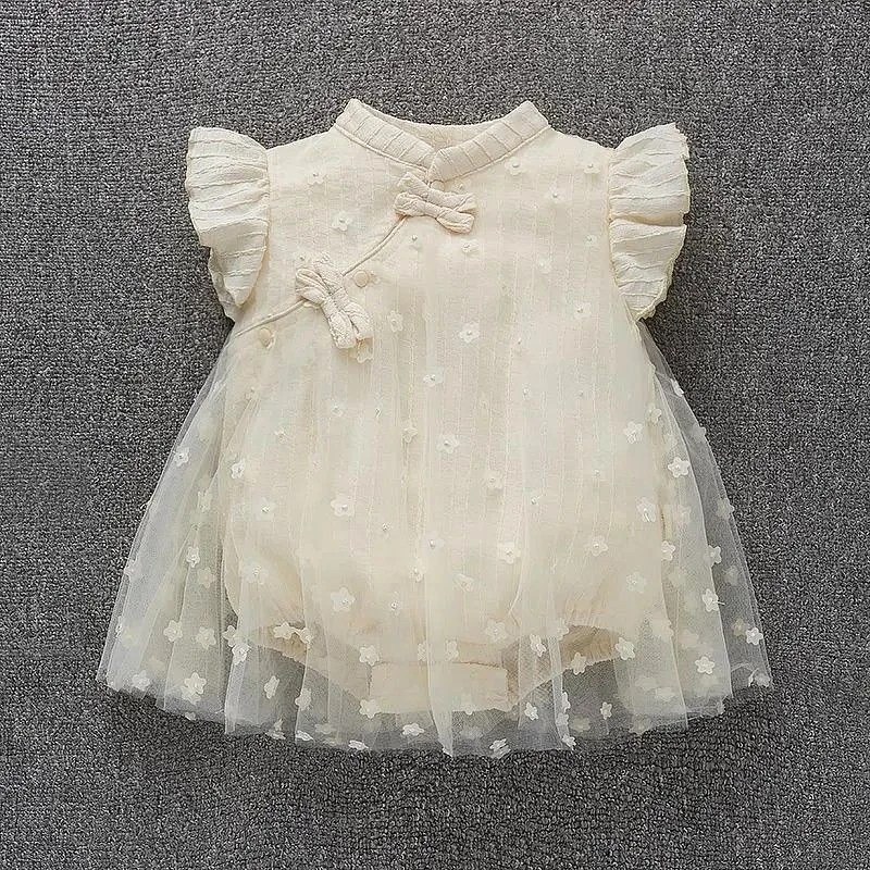 女婴儿夏季公主连体哈衣小宝宝三角包屁衣旗袍刺绣网纱裙百天衣服